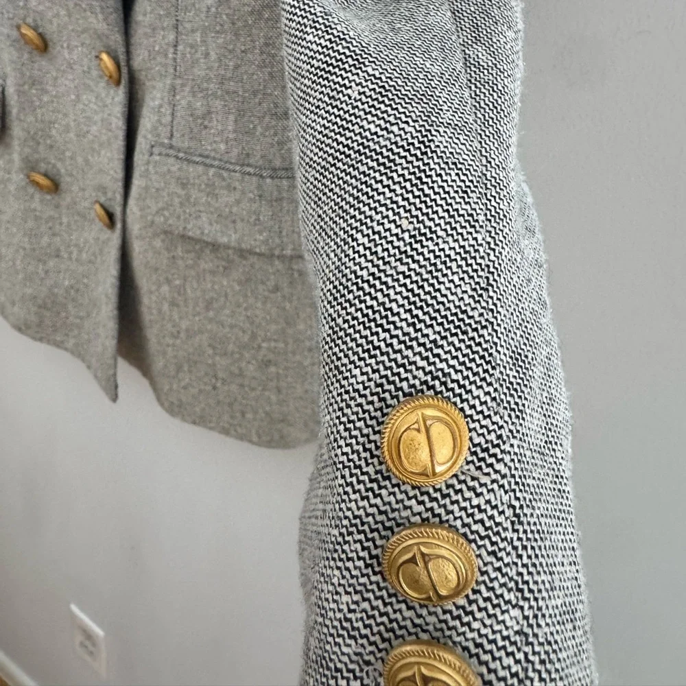 Dior Double-Breasted Gray Tweed Blazer with Gold Buttons